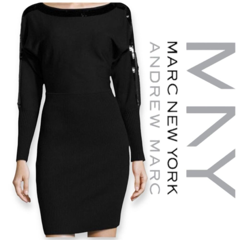 New Marc NY Andrew Marc Sweater Knit Sequin Black Dress Women’s Size Small